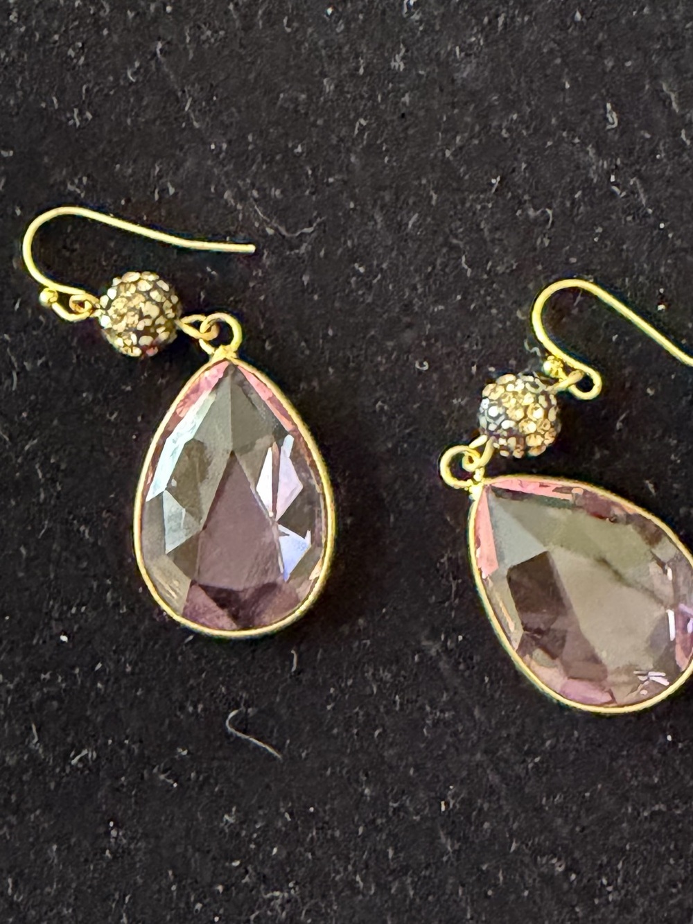 Source Unknown Gold-Tone Earrings with Purple Teardrop Crystals and Pavé Beads
